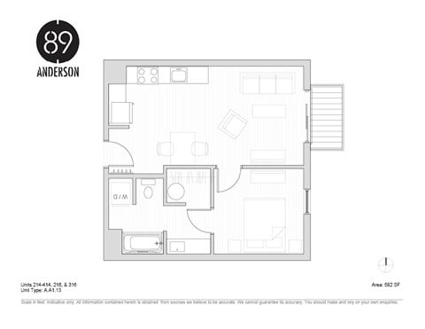 Floor plan for 1 bed, 1 bath, 582 sqft